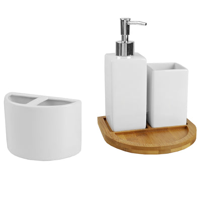 2 of 4:Ensemble d'accessoires de salle de bain en céramique Home Basics Serene Scandinavian, 4 pièces, avec plateau en bambou, blanc 