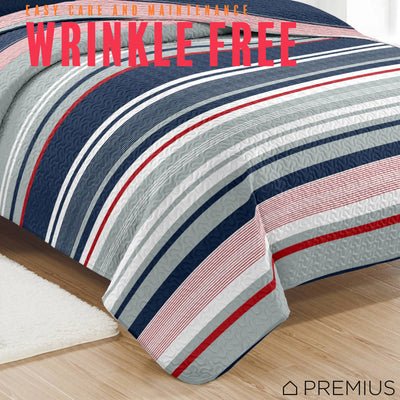 8 of 10:PREMIUS Mateo 3 Piece Microfiber Wrinkle-Free Quilt Set, Blue-Multi-Striped 