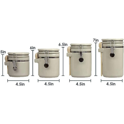7 of 7:Home Basics 4 Piece Ceramic Canisters with Air-Tight Clamp Lid and Wooden Spoons, Beige 
