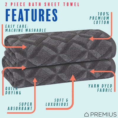 18 of 24:PREMIUS 2 Pack Geo 100% Cotton Yarn Dyed Bath Sheet Towel, 32x64 Inches 