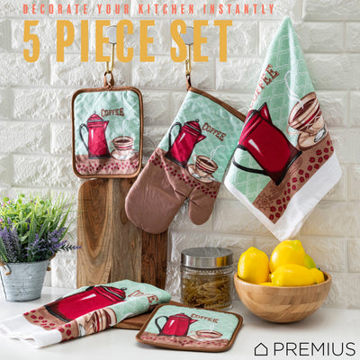 29 of 61:PREMIUS 5 Piece Printed Kitchen Linen Set, 2 Cotton Towels, 2 Pot Holders, 1 Oven Mitt 