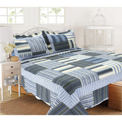 1 of 2:PREMIUS Reversible Quilt Set, Striped Patchwork, Blue 