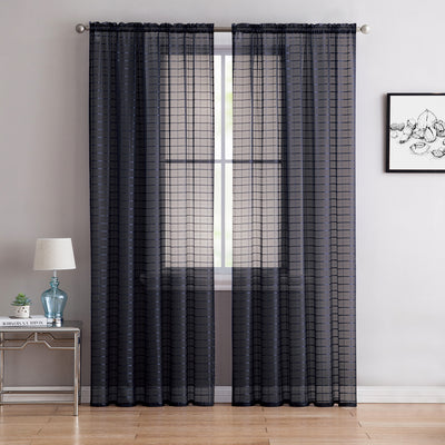 47 of 52:Lisa Plaid Sheer Rod Pocket Panel, Black, 55x90 Inches 