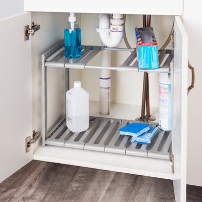 4 of 5:Home Basics 2 Tier Adjustable Multi-Functional Plastic Under Sink Organizer, Grey 