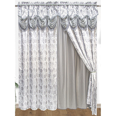 1 of 1:Devika Panel de bolsillo para barra de jacquard con cenefa y respaldo adjuntos, plateado-plateado, 54 x 84 pulgadas (paquete de 12) 