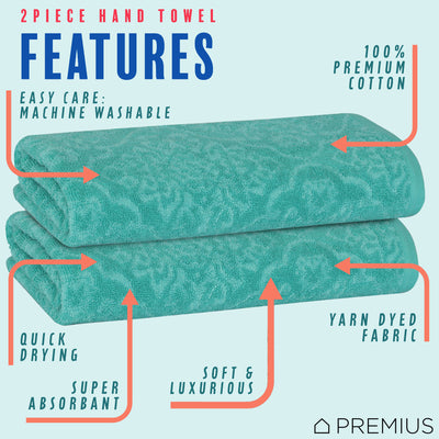 6 of 23:PREMIUS 2 Pack Damask 100% Cotton Yarn Dyed Hand Towel, 16x28 Inches 