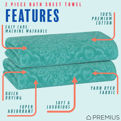 6 of 24:PREMIUS 2 Pack Damask 100% Cotton Yarn Dyed Bath Sheet Towel, 32x64 Inches 