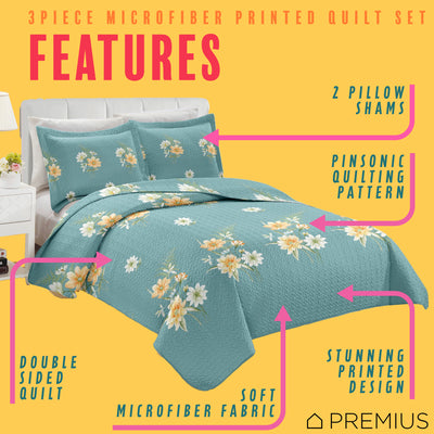 2 of 8:PREMIUS Lucea 3 Piece Microfiber Wrinkle-Free Quilt Set, Soft Blue 