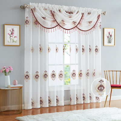 13 of 18:Lourdes Damask Embroidered Sheer Rod Pocket Window Panel And Valance Treatments 