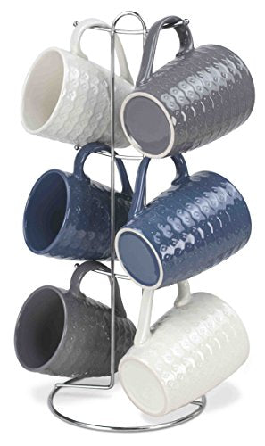 4 of 8:Ensemble de 7 tasses avec support diamant Home Basics (6 tasses, bleu marine, gris et blanc) 