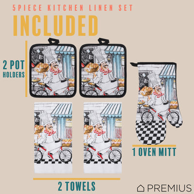 39 of 61:PREMIUS 5 Piece Printed Kitchen Linen Set, 2 Cotton Towels, 2 Pot Holders, 1 Oven Mitt 