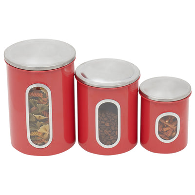 3 of 5:Home Basics 3 Piece Stainless Steel Top Canisters with Windows, Red 