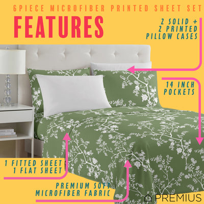 16 of 28:PREMIUS Fernando Soft Wrinkle-Free Microfiber Sheet Set, Green-White 