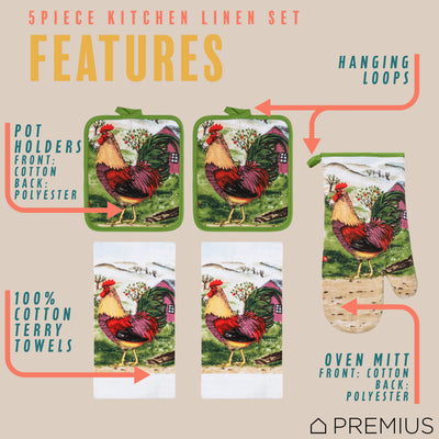 44 of 61:PREMIUS 5 Piece Printed Kitchen Linen Set, 2 Cotton Towels, 2 Pot Holders, 1 Oven Mitt 
