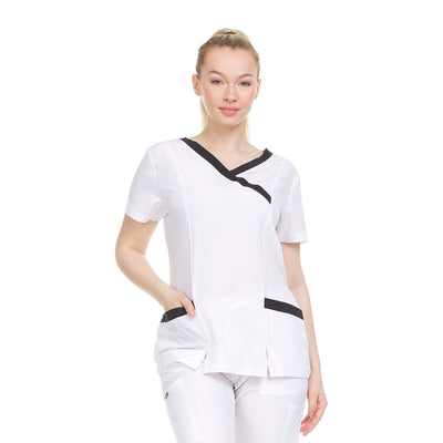 8 of 28:Heal Wear 4-Way Stretch Contrast Mock Wrap Women's Scrub Top 