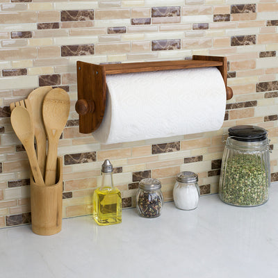 5 of 6:Home Basics Quick Install Rustic Pine Wood Wall Mounted Paper Towel Holder with Flat Top, Brown 