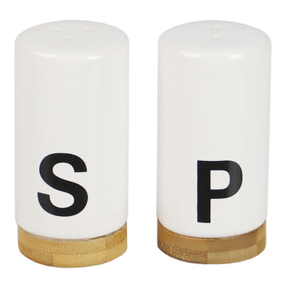 1 of 4:Ensemble salière et poivrière en céramique Home Basics avec accents en bambou, blanc 