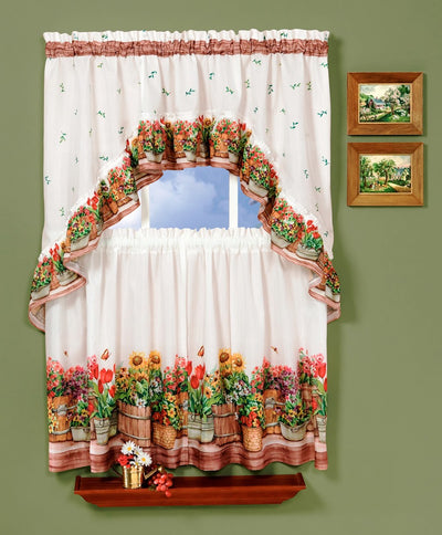 4 of 4:Country Garden Printed Kitchen Curtain, 57x36 & 57x30 Inches 