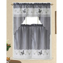 1 of 1:Butterfly 3 Piece Embroidered Kitchen Curtain Set, Silver, Swag 58x36, Tiers 30x36 Inches 