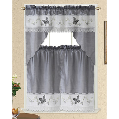 1 of 1:Butterfly 3 Piece Embroidered Kitchen Curtain Set, Silver, Swag 58x36, Tiers 30x36 Inches 