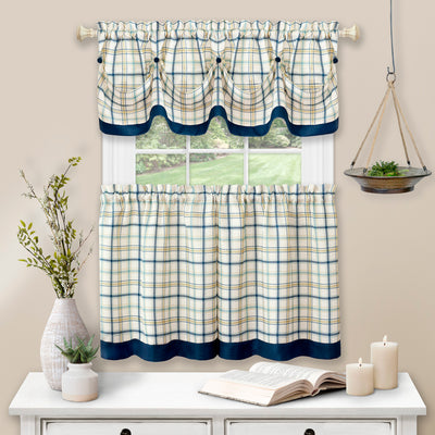 1 of 4:Tattersall Window Curtain Tier Pair and Valance Set - 58x24 - Navy 