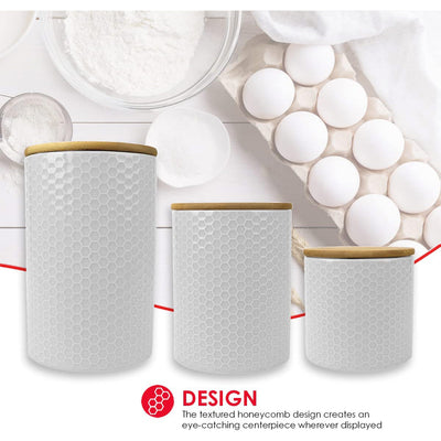 2 of 7:Home Basics 3 Piece Ceramic Canister Set with Bamboo Lids, Honeycomb White 
