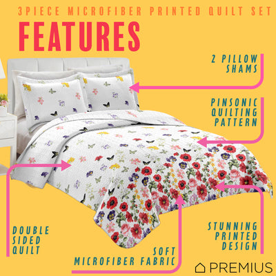 7 of 10:PREMIUS Butterfly 3 Piece Microfiber Wrinkle-Free Quilt Set, White-Multi 