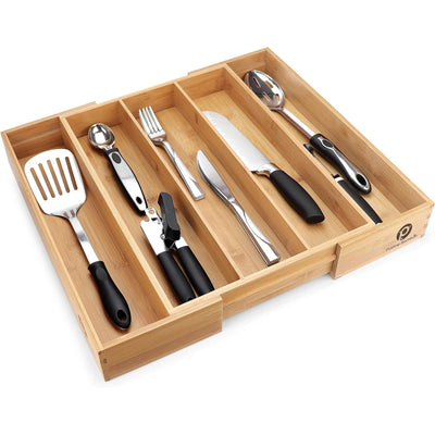 2 of 9:Plateau séparateur extensible et réglable en bois pour couverts en bambou Pristine, 5 emplacements, 43 x 49,3 x 6,1 cm 