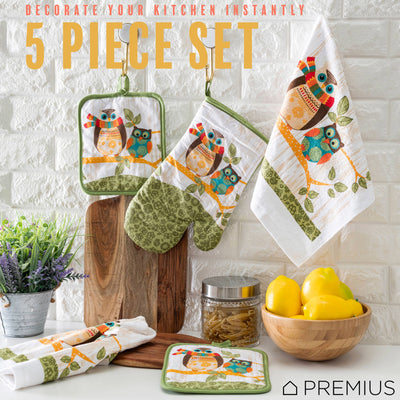 8 of 61:PREMIUS 5 Piece Printed Kitchen Linen Set, 2 Cotton Towels, 2 Pot Holders, 1 Oven Mitt 