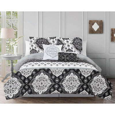 2 of 2:Kaskade 5 Piece Reversible Damask Comforter Set, Black-White 