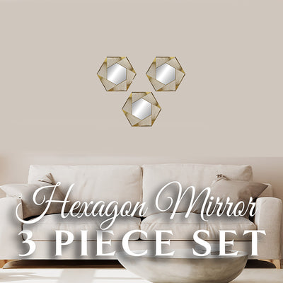 2 of 2:PREMIUS 3 Piece Plastic Mesh Hexagon Wall Decor Mirror Set, Gold, 10 Inches 