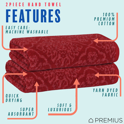22 of 23:PREMIUS 2 Pack Damask 100% Cotton Yarn Dyed Hand Towel, 16x28 Inches 