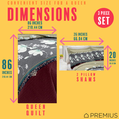 9 of 10:PREMIUS Scarlett 3 Piece Microfiber Wrinkle-Free Quilt Set, Brick-Gray-Beige 