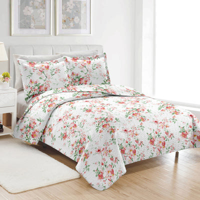 1 of 10:Ensemble de courtepointe infroissable en microfibre PREMIUS Jennifer, 3 pièces, blanc, rouge et vert 