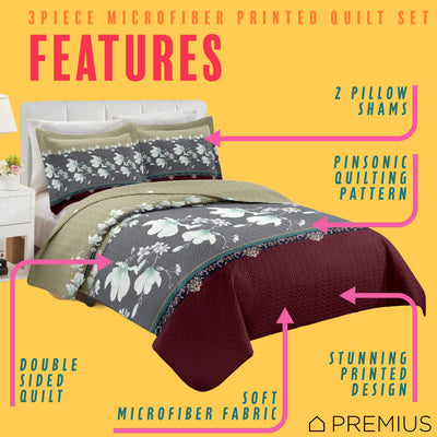 2 of 10:PREMIUS Scarlett 3 Piece Microfiber Wrinkle-Free Quilt Set, Brick-Gray-Beige 