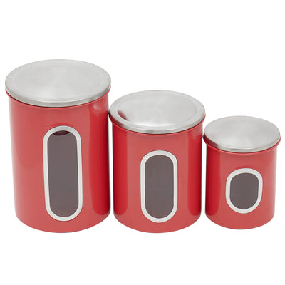 1 of 5:Home Basics 3 Piece Stainless Steel Top Canisters with Windows, Red 