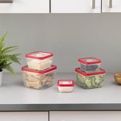 2 of 3:Home Basics Contenedor cuadrado de plástico para almacenamiento de alimentos, a prueba de derrames, con tapas ventiladas y a presión, 5 piezas, color rojo 