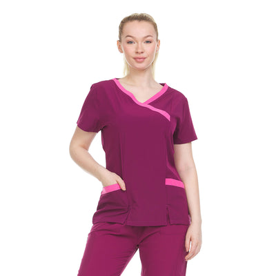 3 of 28:Heal Wear 4-Way Stretch Contrast Mock Wrap Women's Scrub Top 