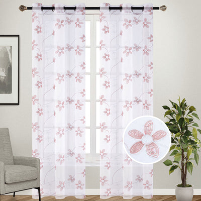 5 of 5:Ensemble de 2 panneaux de fenêtre transparents à œillets brodés floraux Lorette, 38 x 95 pouces chacun 