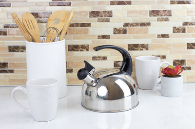 4 of 5:Home Basics 2.0  Liter Brushed Stainless Steel Whistling Tea Kettle with Arc Handle, Silver 