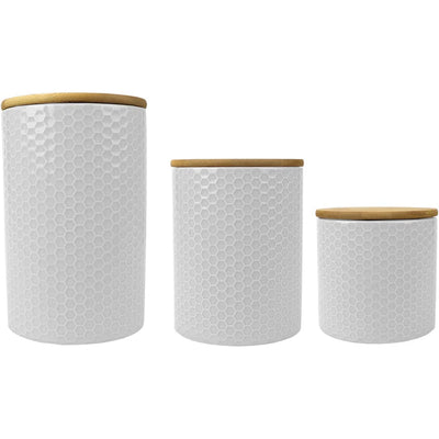 1 of 7:Home Basics 3 Piece Ceramic Canister Set with Bamboo Lids, Honeycomb White 