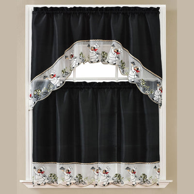 1 of 1:Ensemble de rideaux de cuisine brodés Lola 3 pièces avec cantonnière à volants, noir, 152 x 91 cm 