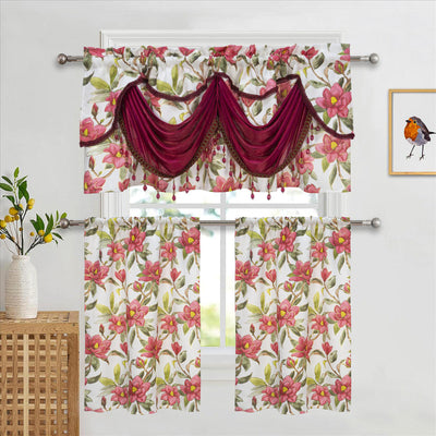 6 of 6:Goldie Floral Kitchen Curtain Set, Waterfall Swag Valance 60x36, Tier 30x36 Inches 