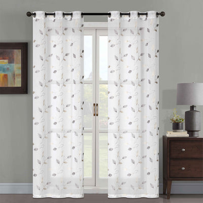 4 of 4:Mariam 2 Pack Metallic Embroidered Leaves Grommet Window Panel, 38x84 Inches Each 