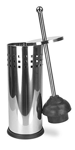 2 of 3:Déboucheur de toilettes Home Basics en acier inoxydable avec support, argenté, 5,5 x 17,8 pouces 