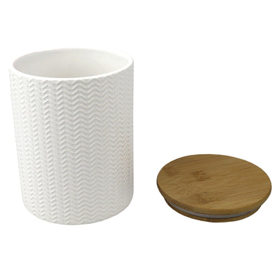 2 of 4:Boîte en céramique Home Basics Wave avec couvercle en bambou, blanche, moyenne, 5 x 6,5 pouces 