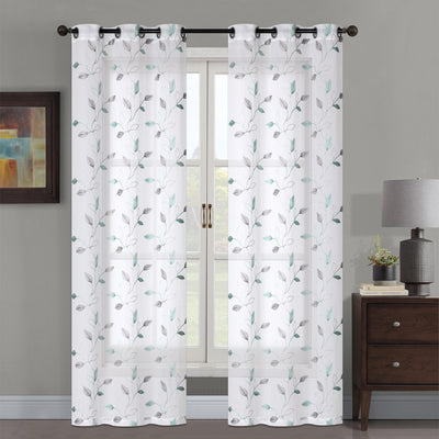 2 of 4:Mariam 2 Pack Metallic Embroidered Leaves Grommet Window Panel, 38x84 Inches Each 