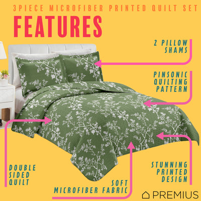 2 of 10:PREMIUS Fernando 3 Piece Microfiber Wrinkle-Free Quilt Set, Green-White 