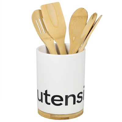 1 of 4:Porte-ustensiles en céramique Home Basics avec détails en bambou, blanc 