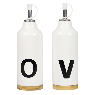 1 of 4:Ensemble huile et vinaigre en céramique Home Basics 283 ml avec détails en bambou, blanc 